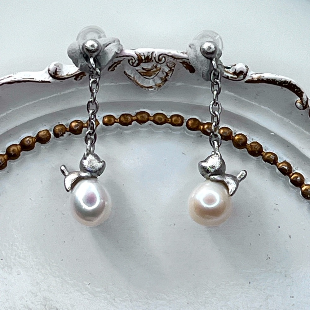 Handmade Freshwater Pearl S925 SS Puppy 3D Dangle Earrings